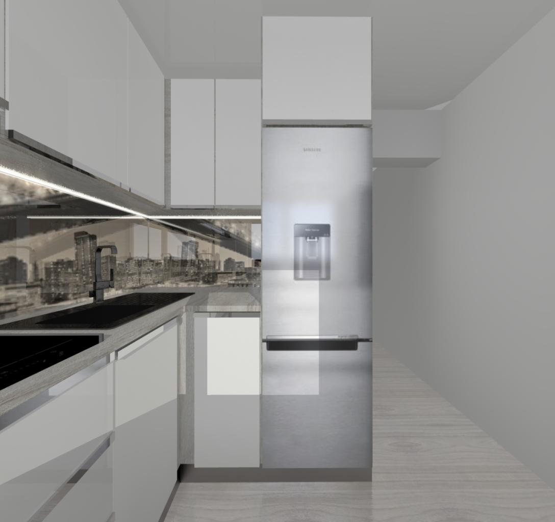 Nowoczesna kuchnia w Radziechowach z białymi szafkami i srebrną lodówką. Na ścianie fototapeta z panoramą miasta. Minimalistyczny design.