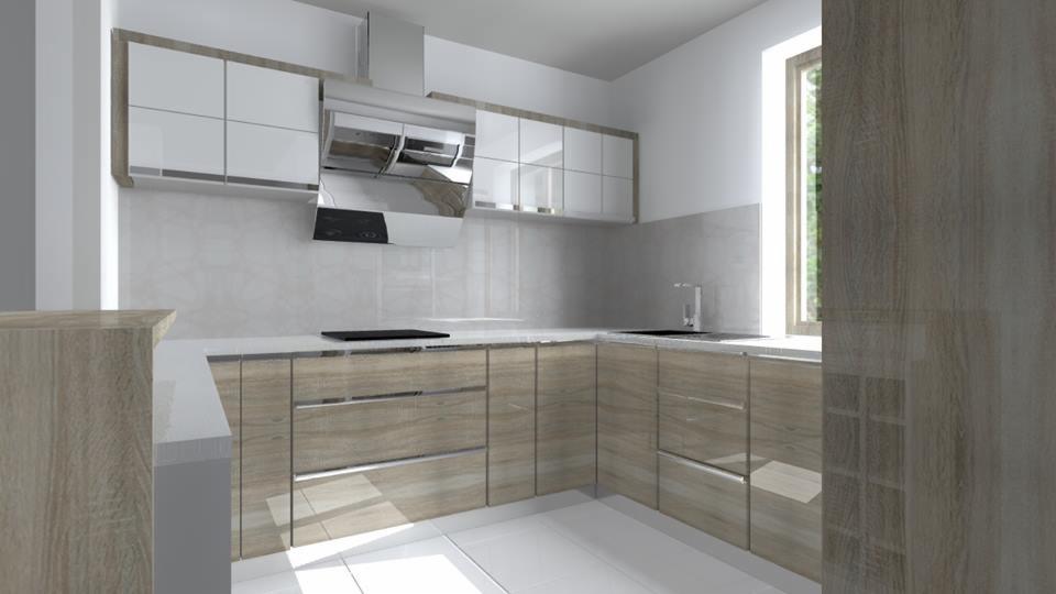 Nowoczesna kuchnia w odcieniach bieli i drewna z błyszczącymi frontami, minimalistycznym okapem i płytkami imitującymi marmur. Ujęcie z niskiego kąta.