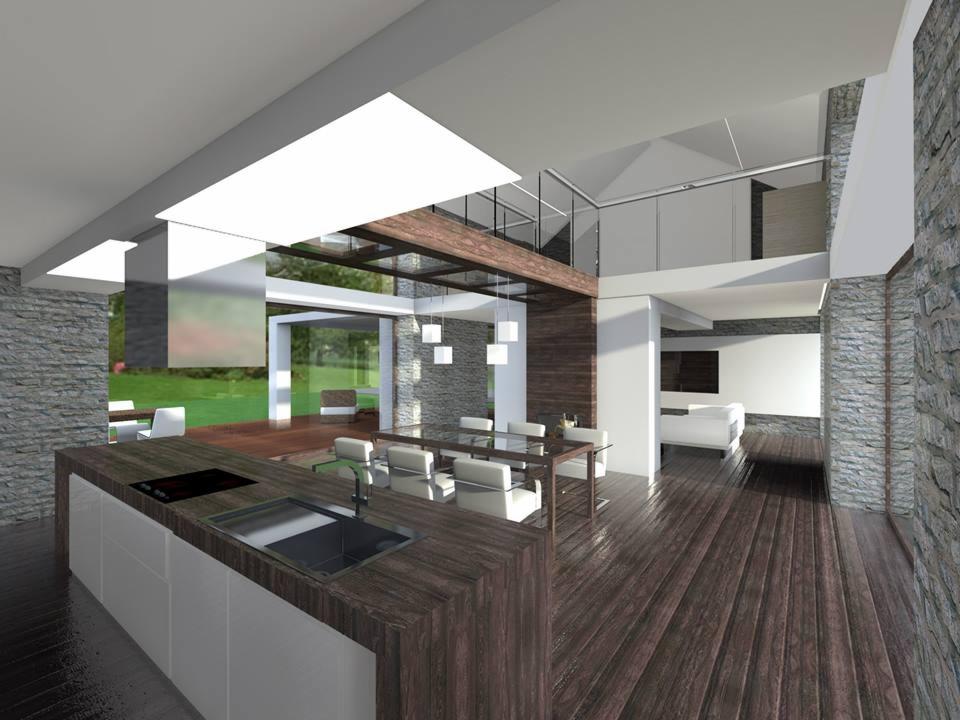 Wizualizacja wnętrza domu z kamiennymi ścianami, drewnianą podłogą i kuchnią z wyspą. Widok na ogród przez duże okna, nowoczesne meble i oświetlenie.