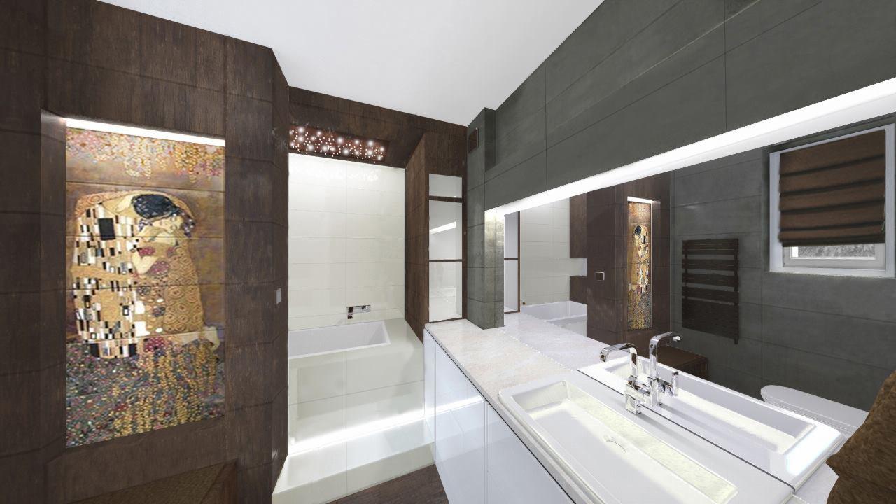 Wizualizacja łazienki z wanną, umywalką i grzejnikiem drabinkowym. Na ścianie dekoracja inspirowana obrazem 'Pocałunek' Gustava Klimta. Nowoczesny design.