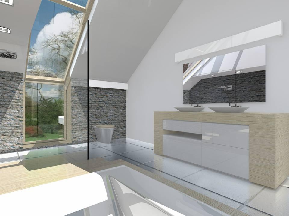 Wizualizacja łazienki z oknem dachowym, kamienną ścianą i szafką z umywalkami. Nowoczesny design, jasne kolory, minimalistyczny styl.
