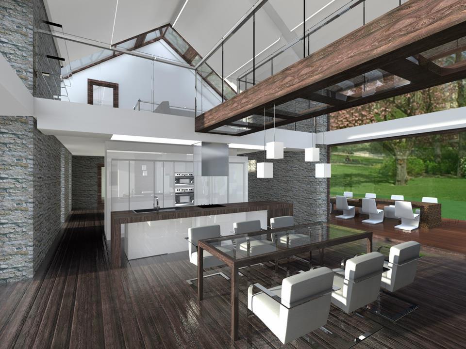Nowoczesna kuchnia z wyspą i jadalnią w przestronnym wnętrzu z wysokim sufitem i dużymi oknami z widokiem na zieleń. Minimalistyczny design, drewniana podłoga i kamienne ściany.
