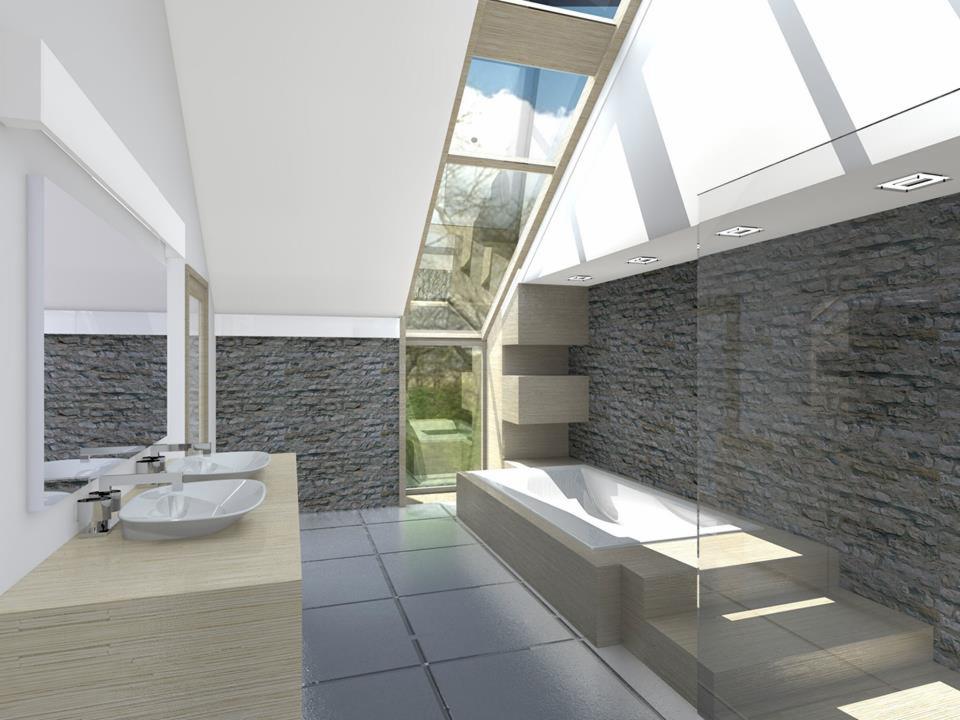 Wizualizacja łazienki z kamienną ścianą, wanną i oknem dachowym. Dwie umywalki na blacie z jasnego drewna. Nowoczesny design z elementami natury.