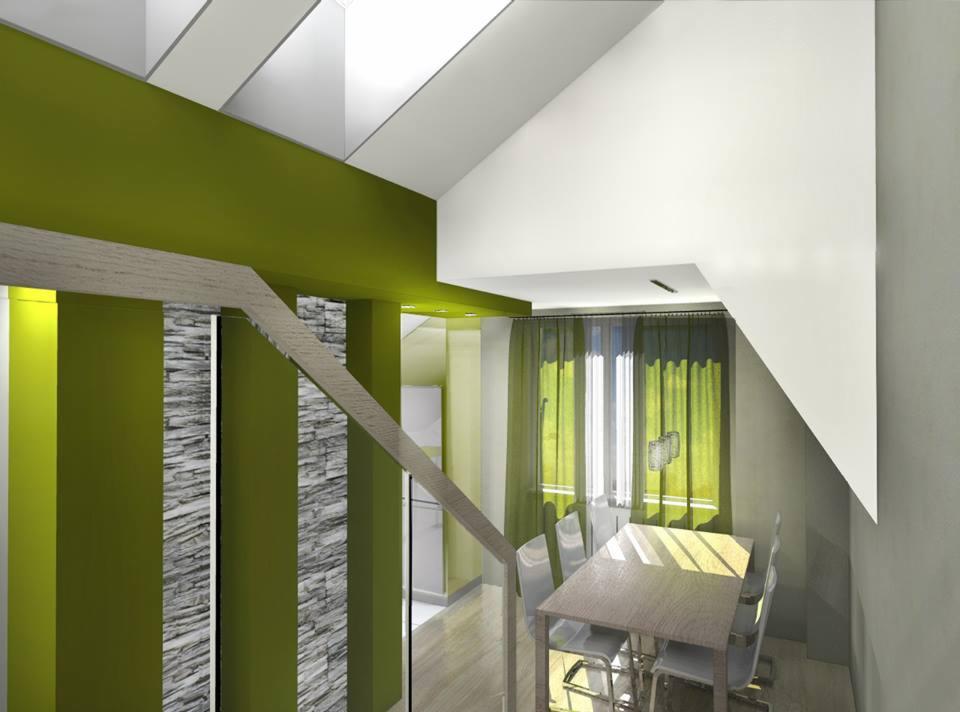 Wizualizacja wnętrza jadalni z zielonymi akcentami: ściany, zasłony. Widoczny stół z krzesłami, fragment schodów i dekoracyjne panele ścienne imitujące kamień.