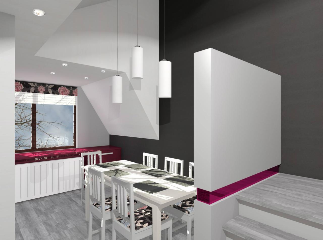 Wnętrze jadalni z białym stołem i krzesłami na tle ściany w kolorze grafitowym. Nad stołem wiszą trzy cylindryczne lampy. Widoczne okno z dekoracyjną zasłoną.