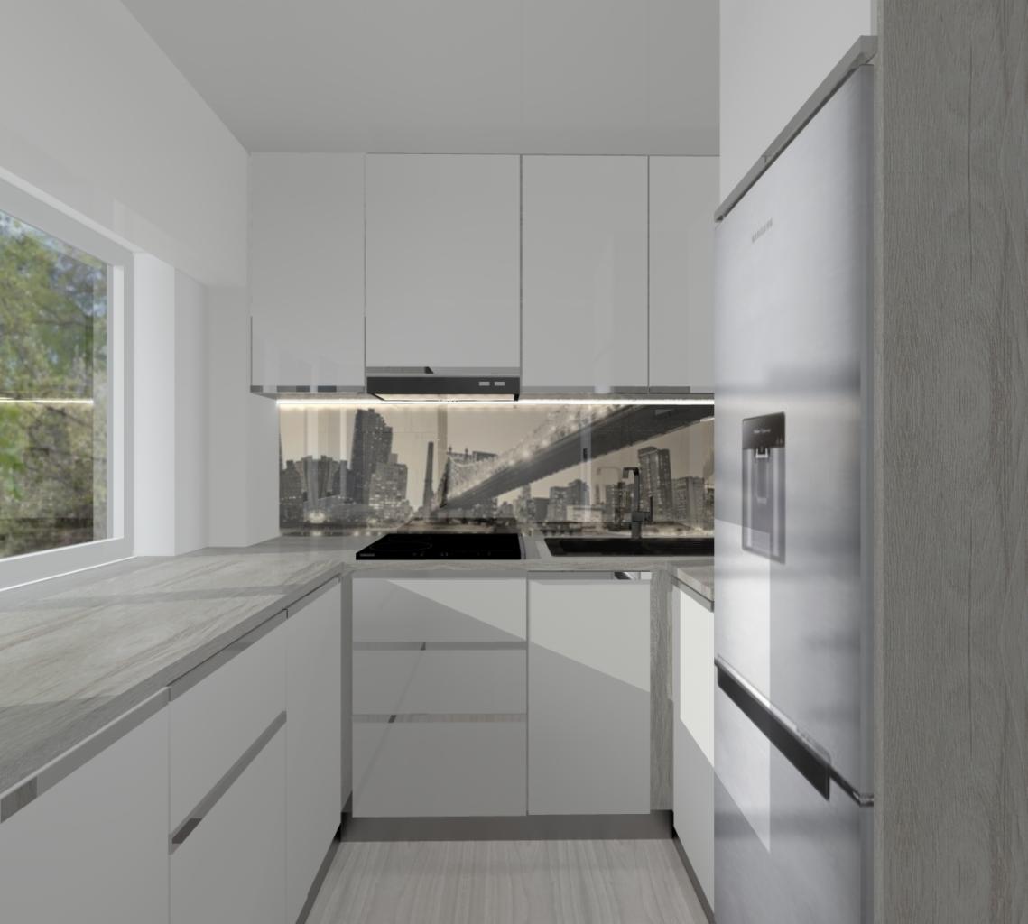 Nowoczesna kuchnia z białymi szafkami i blatem w odcieniach szarości. Nad blatem grafika z motywem miejskim. Po prawej stronie widoczna srebrna lodówka.