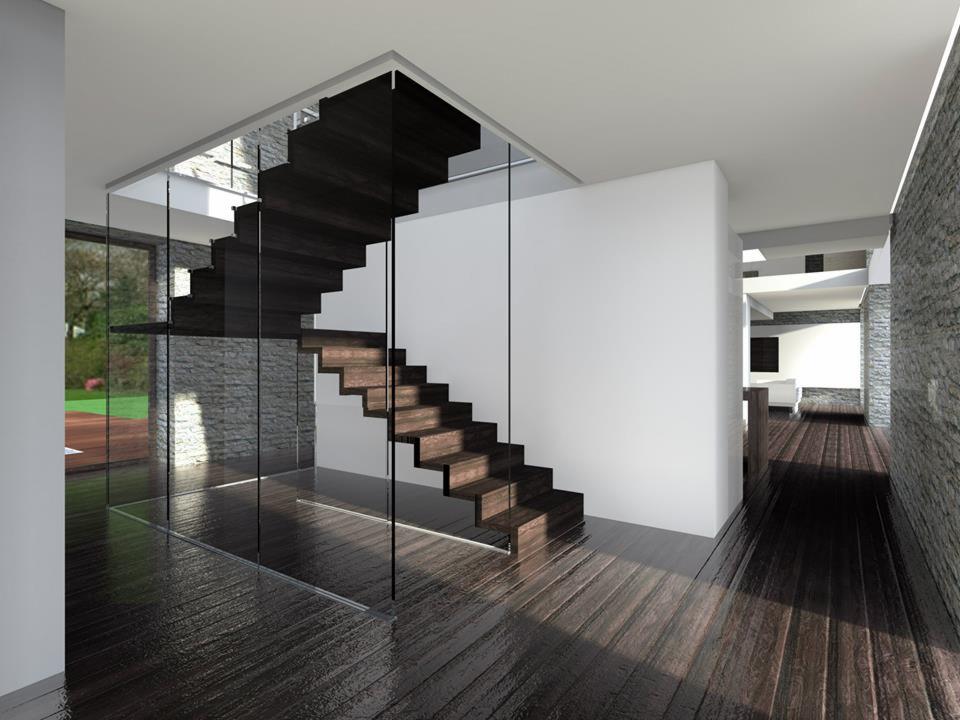 Nowoczesne schody z ciemnego drewna, oddzielone szklaną ścianą od salonu z widokiem na ogród. Minimalistyczny design, parkiet na podłodze, jasne ściany.
