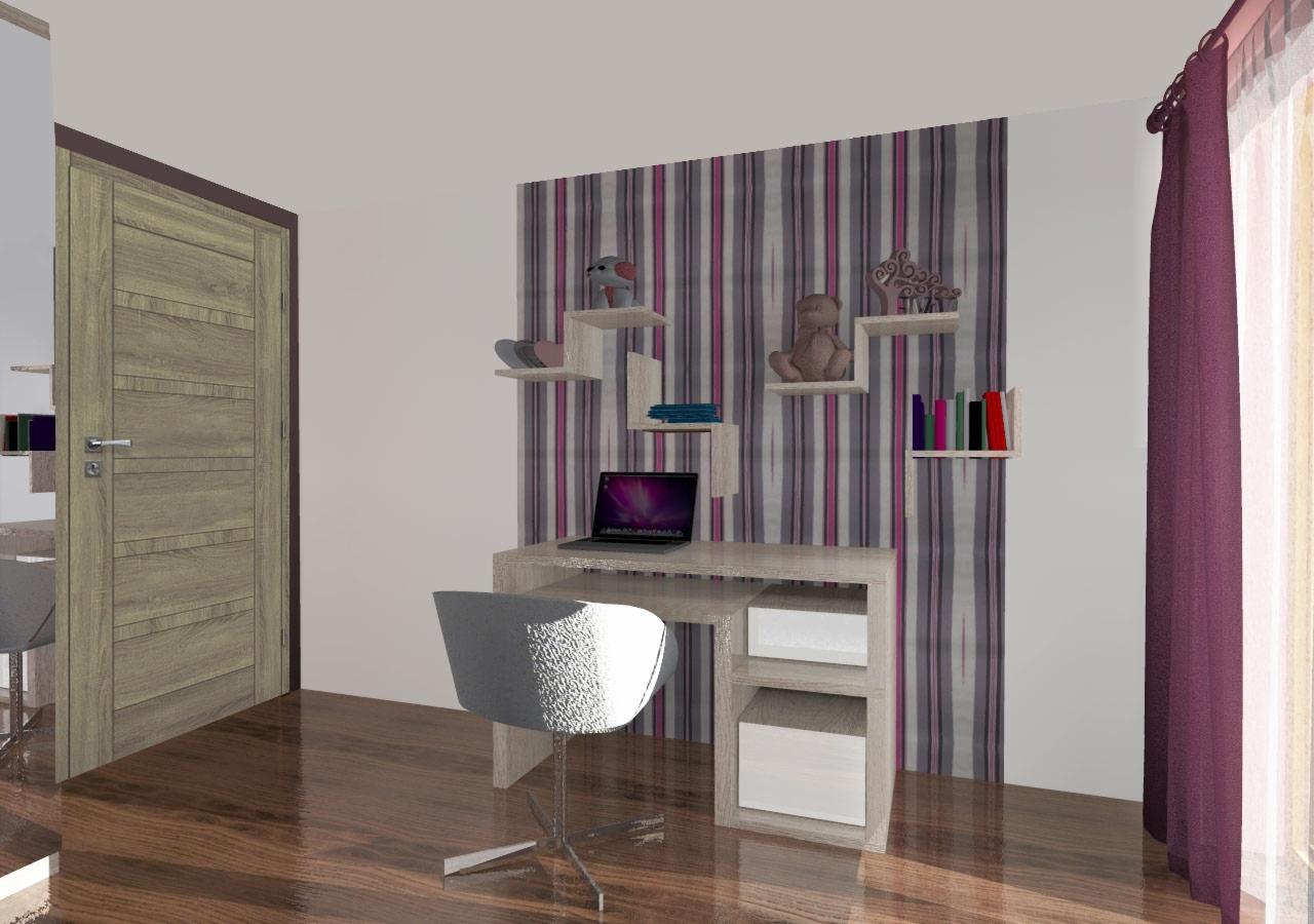 Pokój dziecięcy z biurkiem, półkami na ścianie, laptopem i krzesłem obrotowym. Widok na drewnianą podłogę i drzwi. Aranżacja wnętrza w neutralnych barwach.