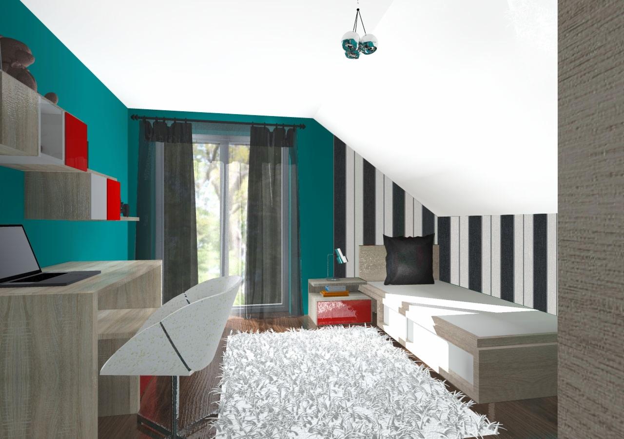 Wnętrze pokoju na poddaszu: biurko z laptopem, krzesło, łóżko z tapetą w pasy, okno z zasłonami i puszysty dywan. Kolorystyka: turkus, biel, szarość, czerwień.