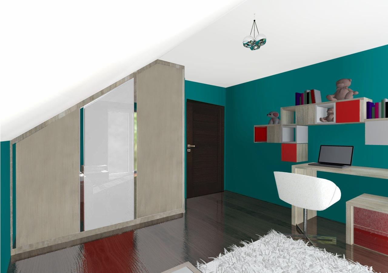 Wizualizacja pokoju dziecięcego na poddaszu z szafą wnękową, biurkiem i regałami na ścianie w kolorze morskim. Elementy czerwieni w meblach. Nowoczesne oświetlenie.