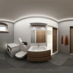 Panoramiczne ujęcie nowoczesnej łazienki z drewnianymi akcentami, kabiną prysznicową, pralką i szafą wnękową, oświetleniem LED i szarą podłogą.