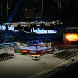 Widok z góry na ring bokserski w dużej hali widowiskowej z rzędami krzeseł dla publiczności, oświetleniem technicznym i ekranem LED w tle.