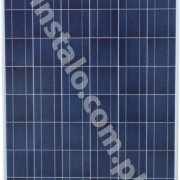 Instalo Jarosław Rumianowski - Niebieski panel słoneczny w białej ramie, widok z przodu, z delikatnym odbiciem światła i adresem strony internetowej nałożonym na powierzchnię.