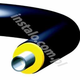 Instalo Jarosław Rumianowski - Czarna, giętka rura z żółtą izolacją i srebrnym wnętrzem, prezentowana pod kątem na białym tle. Widoczny napis 'instalo.com.pl'.