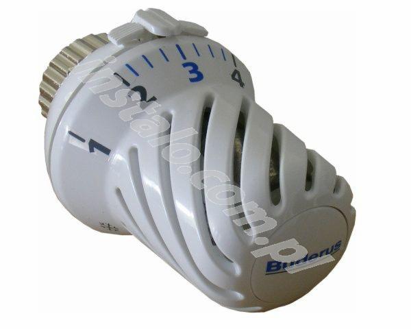 Termostat grzejnikowy Buderus z niebieskimi oznaczeniami 1-4, ustawiony na 3, z widoczną metalową głowicą i spiralnymi otworami wentylacyjnymi.