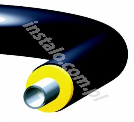 Czarna, giętka rura z żółtą izolacją i srebrnym wnętrzem, prezentowana pod kątem na białym tle. Widoczny napis 'instalo.com.pl'.