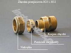 Mosiężna złączka przejściowa H25 i H32, z nakrętką, pierścieniem zaciskowym i korpusem, na szarym tle. Element instalacji hydraulicznej w Płocku.