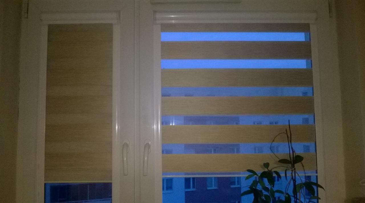 Okno PCV z roletami dzień-noc w kolorze beżowym, częściowo zasłonięte, z widokiem na budynek w tle i rośliną doniczkową na parapecie.