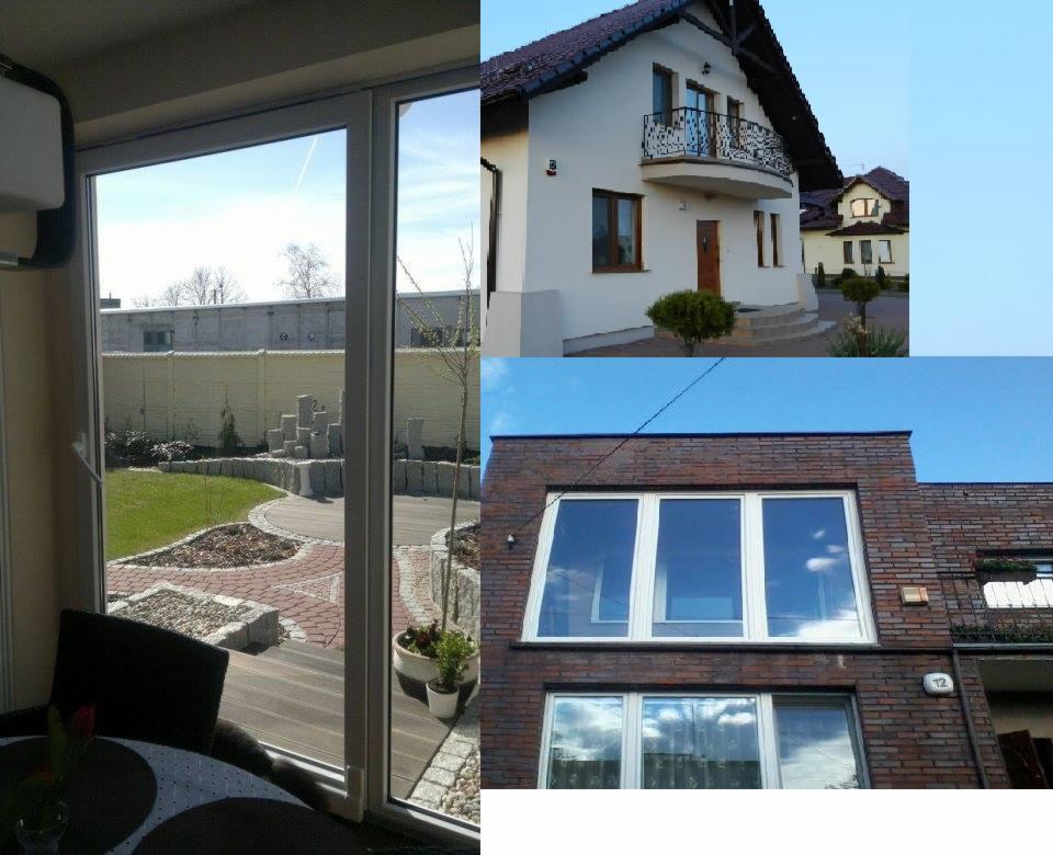 Kompozycja trzech zdjęć: widok okna z wnętrza na ogród, dom z balkonem i okna w budynku z cegły. Przeszklenia w różnych stylach architektonicznych.