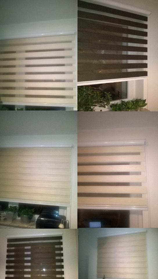 Okna z żaluzjami dzień i noc w różnych konfiguracjach: jasne, ciemne, otwarte i zamknięte. Widoczne rośliny na parapecie. Prezentacja możliwości regulacji światła.