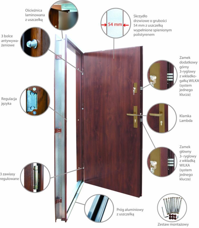 Przekrój drzwi wejściowych z widocznymi elementami: ościeżnica, skrzydło (54mm), bolce, zawiasy, regulacja języka, zamek WILKA, klamka Lambda, próg aluminiowy, zestaw montażowy.