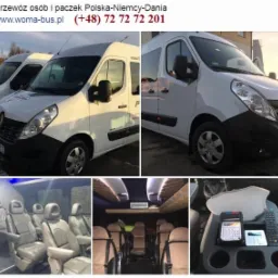 Białe busy Renault Master z widocznym wnętrzem z szarymi skórzanymi fotelami, oświetleniem LED i terminalem płatniczym na desce rozdzielczej.