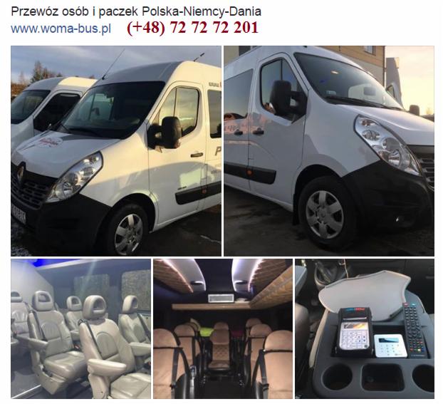Białe busy Renault Master z widocznym wnętrzem z szarymi skórzanymi fotelami, oświetleniem LED i terminalem płatniczym na desce rozdzielczej.