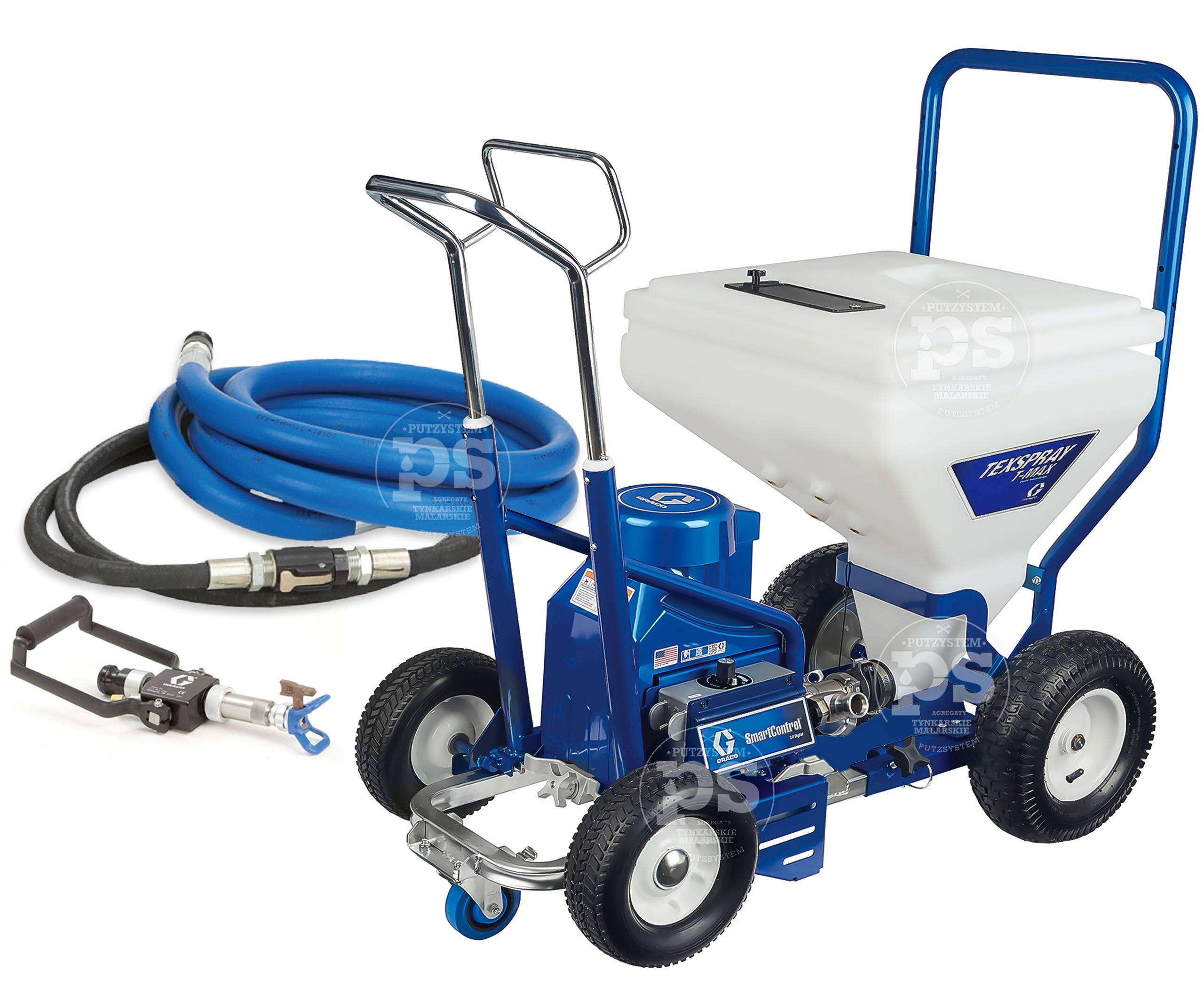 Agregat malarski TexSpray T-Max na wózku z osprzętem: pistoletem i wężami. Urządzenie do natryskowego nakładania gładzi i farb. Widok z bliska na białym tle.