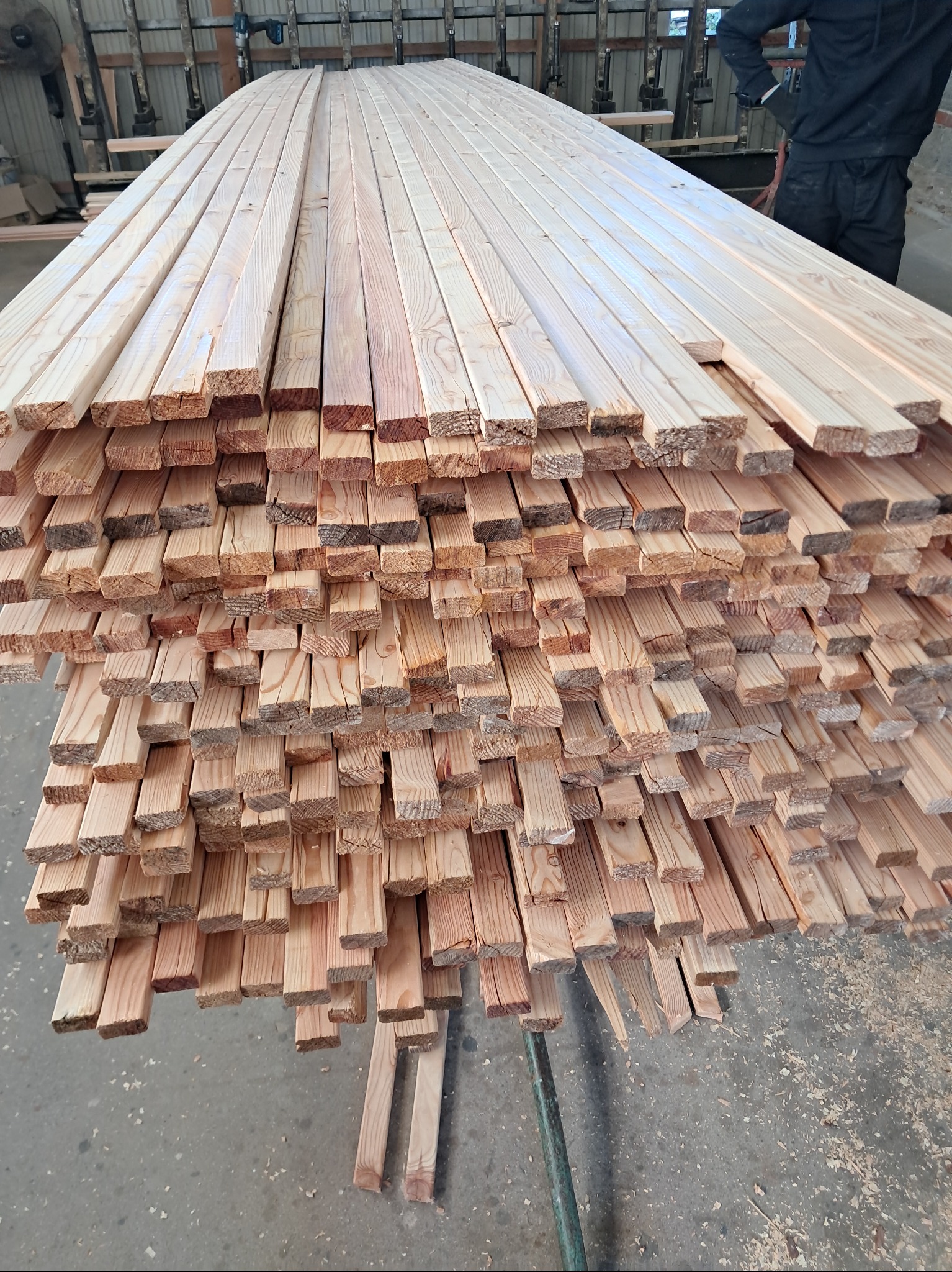 Stos świeżej, jasnej tarcicy budowlanej ułożonej warstwami, widoczny fragment osoby w tle. Drewno z widocznymi słojami, przygotowane do dalszej obróbki.