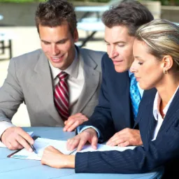 Trzech profesjonalistów w garniturach pochyla się nad dokumentami na stole, jeden z nich trzyma długopis, obok leży laptop, w tle stoliki na zewnątrz.