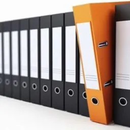 Rząd czarnych segregatorów z jednym wyróżniającym się pomarańczowym, ustawionych na białym tle. Ujęcie z perspektywy, akcentujące porządek i organizację.