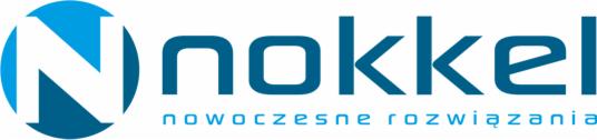 Logo firmy 'nokkel' w kolorze niebieskim, z dużą literą 'N' w okręgu i napisem 'nowoczesne rozwiązania' pod nazwą firmy. Nowoczesny krój pisma.