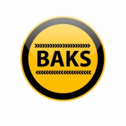 Żółty okrągły znak z czarną obwódką i napisem 'BAKS' otoczonym przez graficzne strzałki.