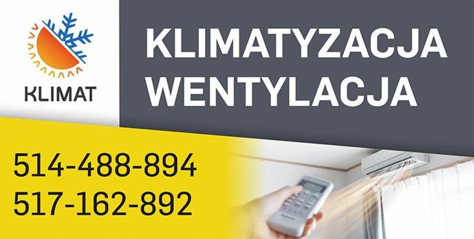 Reklama firmy oferującej klimatyzację i wentylację, z widocznym logo, numerami telefonów oraz klimatyzatorem uruchomionym za pomocą pilota.