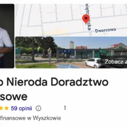 Wizytówka Google firmy Jakub Nieroda Doradztwo Finansowe: portret doradcy, mapa z lokalizacją i widok budynku firmy z zewnątrz w Wyszkowie.
