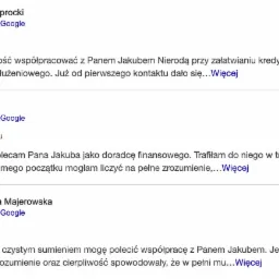 Zrzut ekranu z pozytywnymi opiniami klientów o doradcy finansowym, polecających współpracę przy kredycie gotówkowym i oddłużeniach. Opinie z Google.