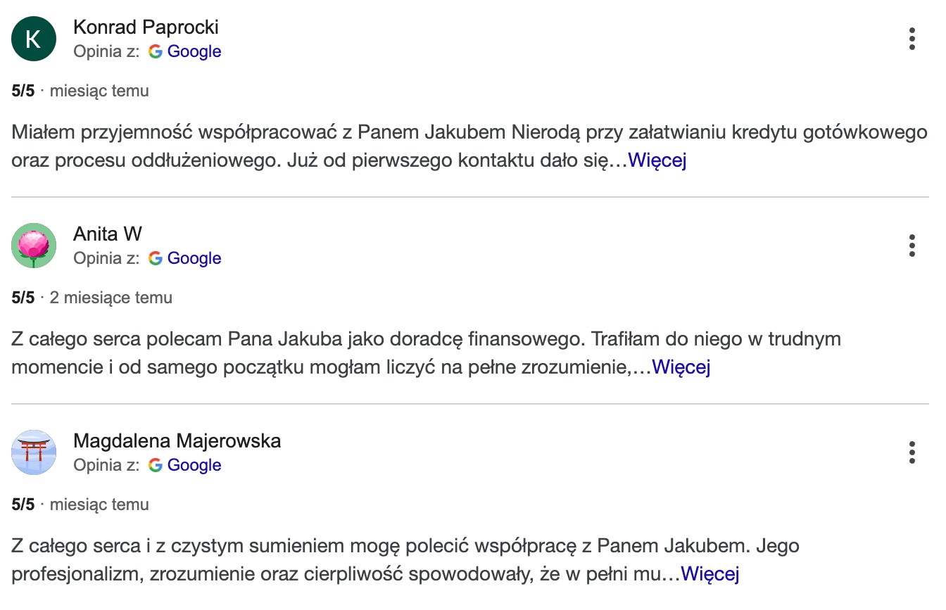Zrzut ekranu z pozytywnymi opiniami klientów o doradcy finansowym, polecających współpracę przy kredycie gotówkowym i oddłużeniach. Opinie z Google.