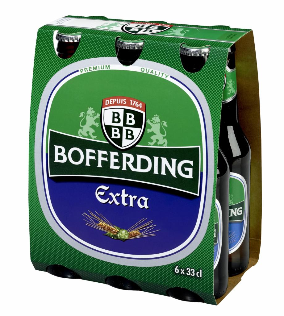 Sześciopak piwa Bofferding Extra w zielono-biało-niebieskim kartonie z logotypem i napisem Premium Quality.