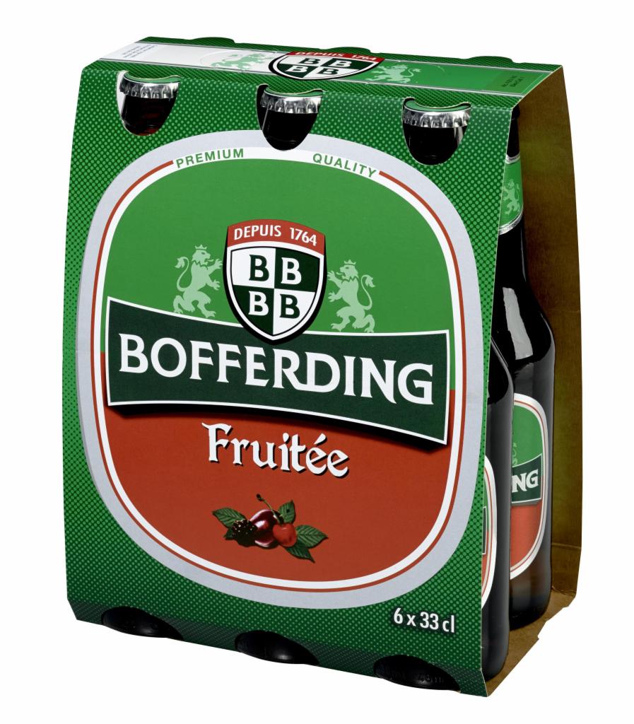 Sześciopak piwa Bofferding Fruitée w kartonowym opakowaniu z widocznymi butelkami i logotypem producenta.
