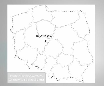 Mapa Polski z zaznaczoną lokalizacją firmy 'Polskie Plecionkarstwo' w Golinie, oznaczona symbolem 'X' i podpisem 'Tu jesteśmy'.