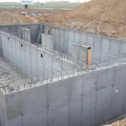 Żelbetowa konstrukcja w wykopie, widoczne wystające pręty zbrojeniowe, drabina oparta o ścianę, w tle billboard reklamowy.