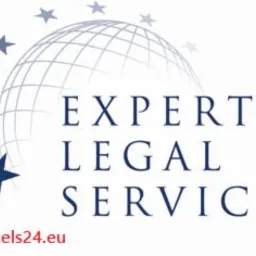 Logo Expert Legal Service na tle stylizowanej kuli ziemskiej z gwiazdami. Napis w kolorze granatowym, adres strony internetowej czerwony.