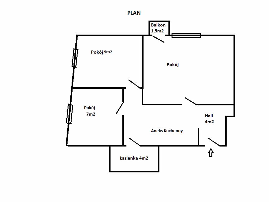 Czarno-biały plan mieszkania z trzema pokojami, balkonem, aneksem kuchennym, łazienką i hallem, z podanymi metrażami poszczególnych pomieszczeń.