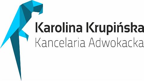 Minimalistyczne logo: błękitny, geometryczny ptak obok napisu 'Karolina Krupińska Kancelaria Adwokacka' w szarości. Prosta elegancja.