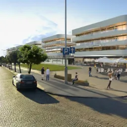 Wizualizacja budynku usługowego z charakterystyczną, pofalowaną elewacją, widziana z poziomu ulicy wyłożonej kostką. Widoczni ludzie i zaparkowany samochód.