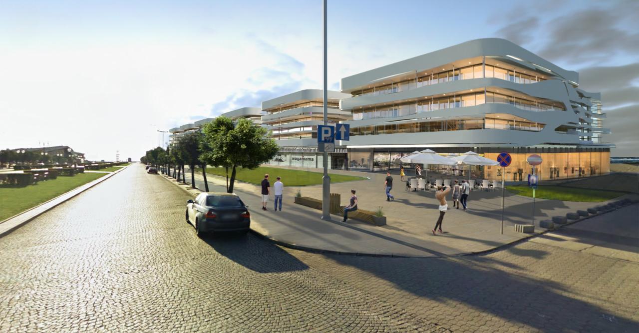 Wizualizacja budynku usługowego z charakterystyczną, pofalowaną elewacją, widziana z poziomu ulicy wyłożonej kostką. Widoczni ludzie i zaparkowany samochód.