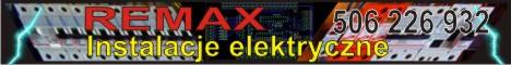 Baner firmy REMAX oferującej instalacje elektryczne z numerem telefonu 506 226 932, ozdobiony grafiką imitującą wyładowania elektryczne.