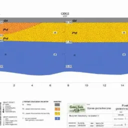 Przekrój geotechniczny A-A z oznaczeniami warstw gruntu: glina, piasek drobnoziarnisty różny i słabo gliniasty. Budynek mieszkalny na działce. Skala 1:40 i 1:100.