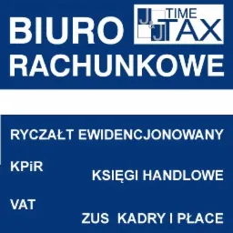 Niebieskie logo biura rachunkowego J&J Time & Tax z białymi napisami informujące o świadczonych usługach: ryczałt ewidencjonowany, KPiR, księgi handlowe, VAT, ZUS kadry i płace.