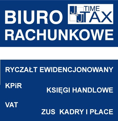 Niebieskie logo biura rachunkowego J&J Time & Tax z białymi napisami informujące o świadczonych usługach: ryczałt ewidencjonowany, KPiR, księgi handlowe, VAT, ZUS kadry i płace.